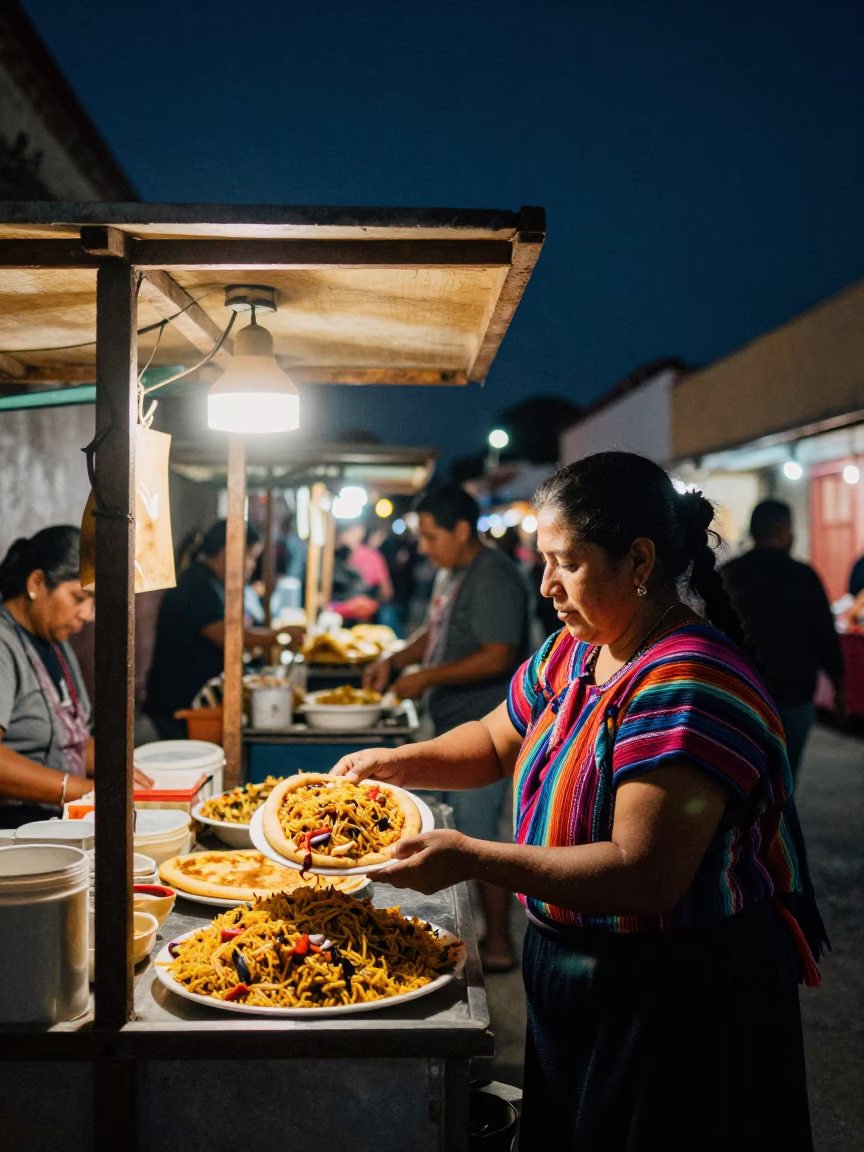 Night Market Stall in Oaxaca Mexico with Nasi Gorege and Local Interaction in in Oaxaca, Mexico