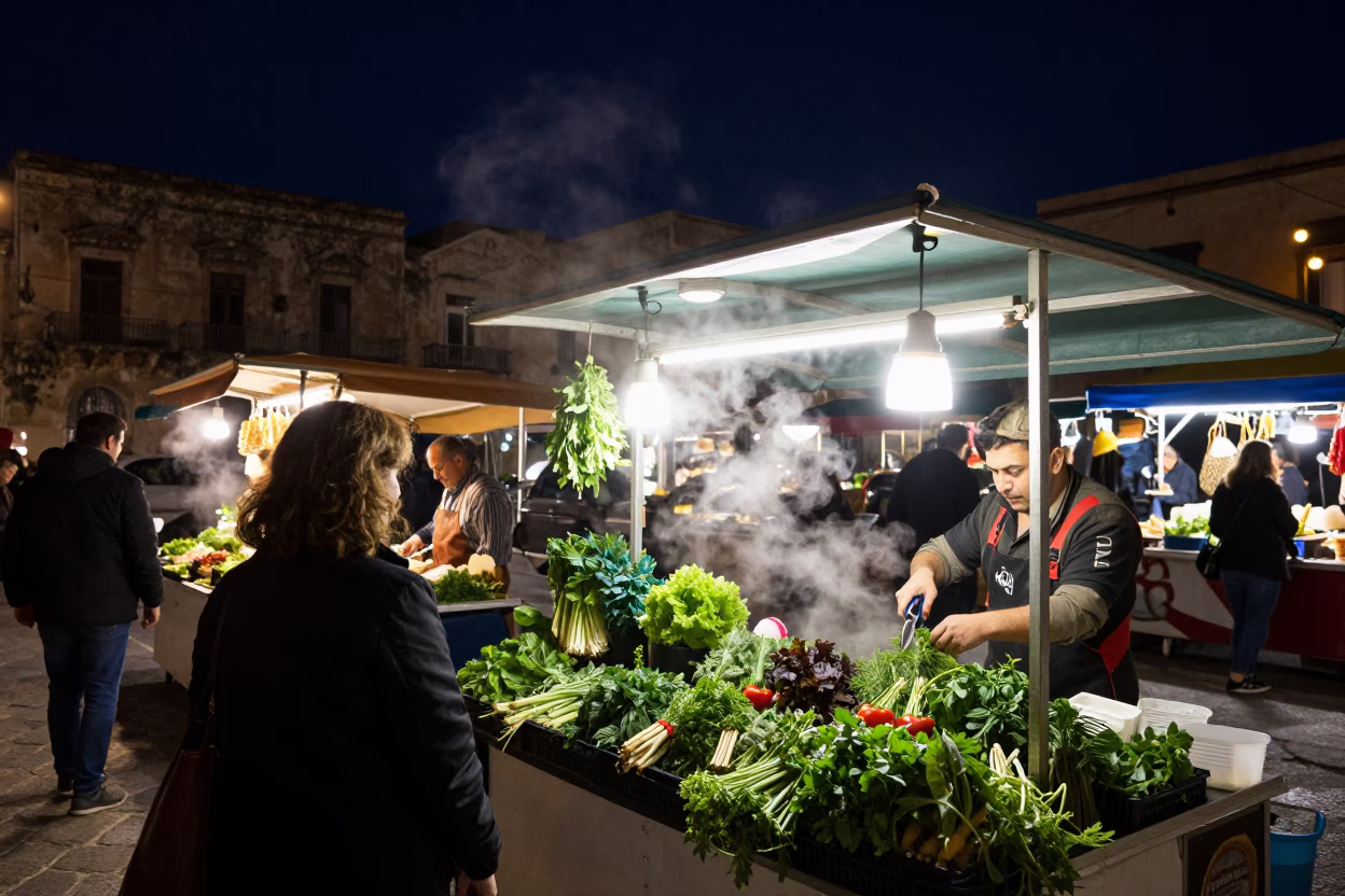 Night Market Stall in Palermo Italy with Pruning Shears and Steam Haze in in Palermo, Italy