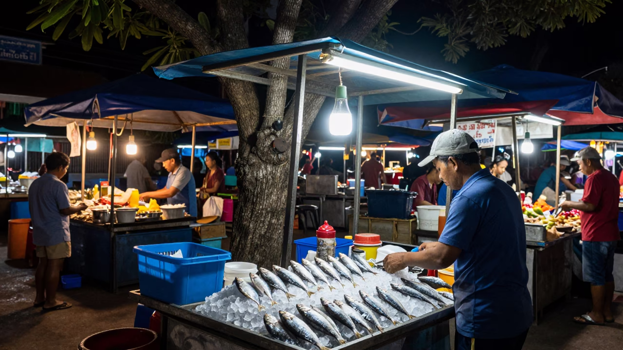Night Market Stall in Phnom Penh Cambodia with Kapok Tree and Sardines in in Phnom Penh, Cambodia