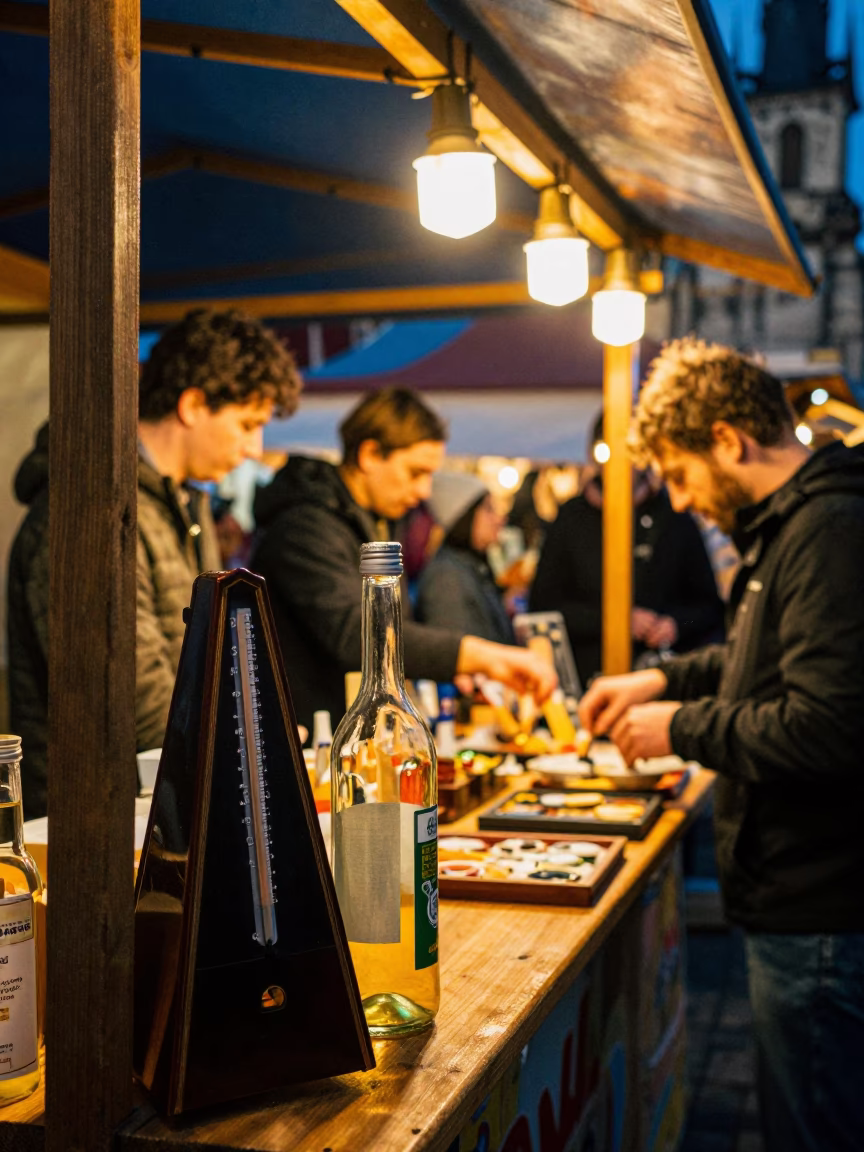 Night Market Stall in Prague with Bottle and Metronome Props in in Prague, Czech Republic