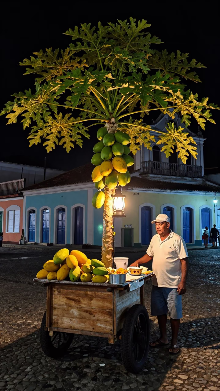 Night Market Stall in Salvador Brazil Papaya Tree and Hurricane Lamp in in Salvador, Brazil