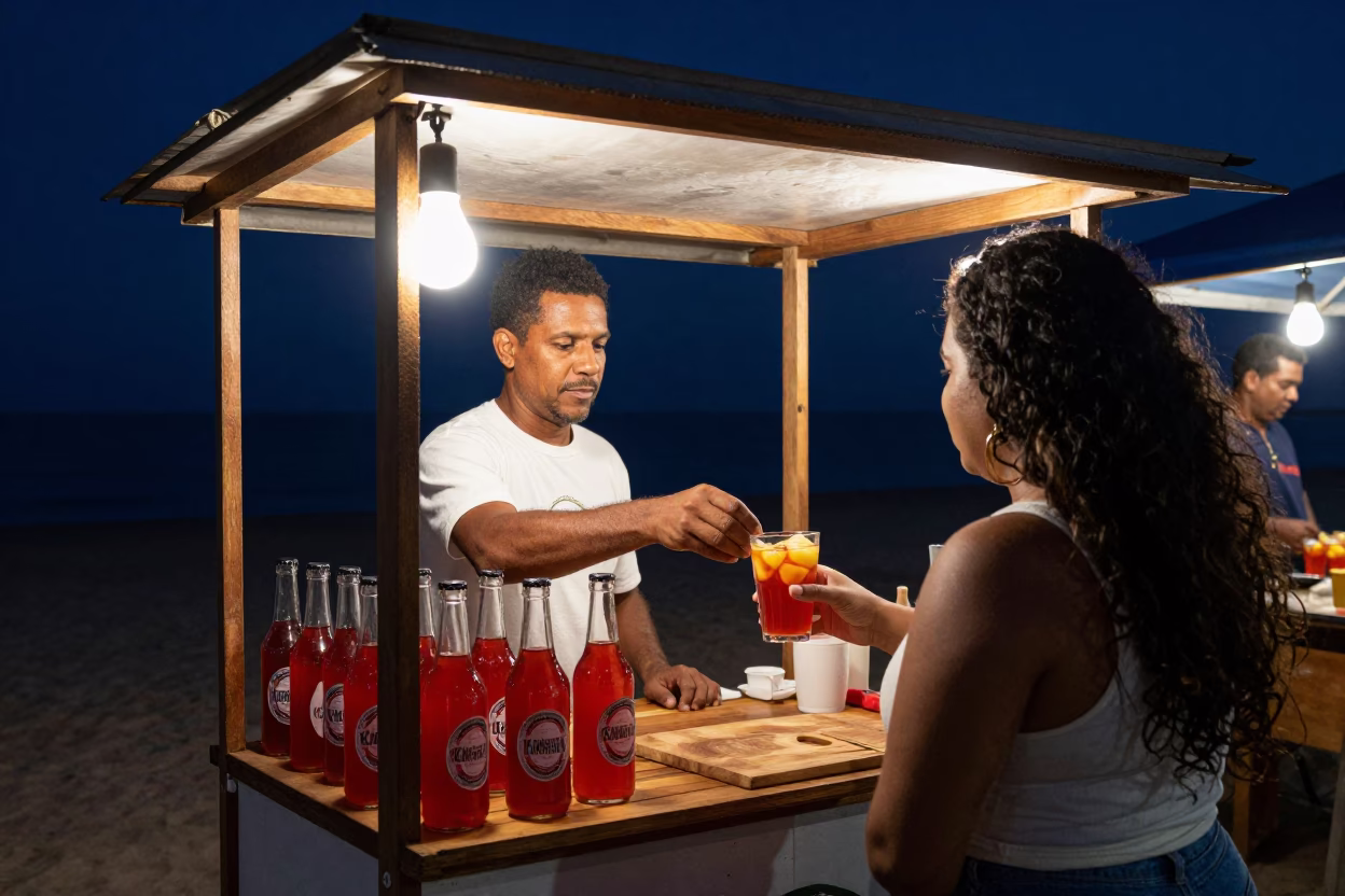 Night Market Stall in Salvador Brazil with Kombucha and Red Lacquered Wood in in Salvador, Brazil