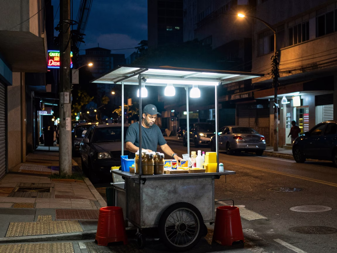 Night Market Stall in São Paulo Brazil Under Neon Lights in in São Paulo, Brazil