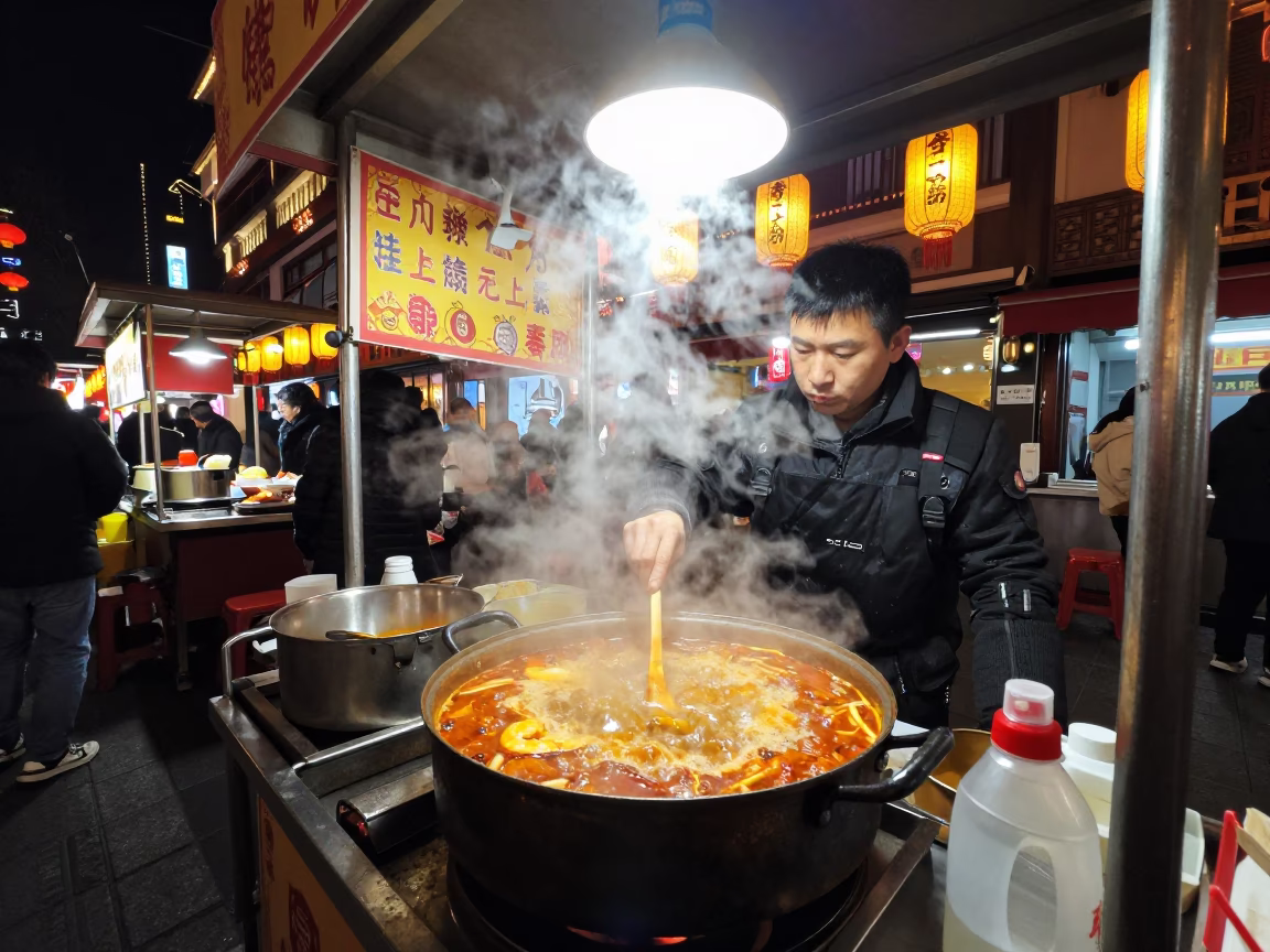 Night Market Stall in Shanghai China with Bubbling Stew and Lanterns in in Shanghai, China