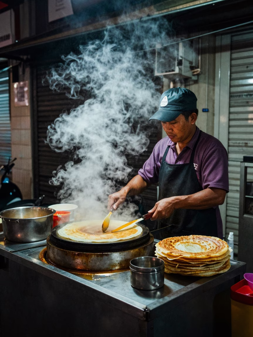 Night Market Stall in Singapore Selling Jianbing Crepe with Steam Rising in Deep Night in in Singapore, Singapore