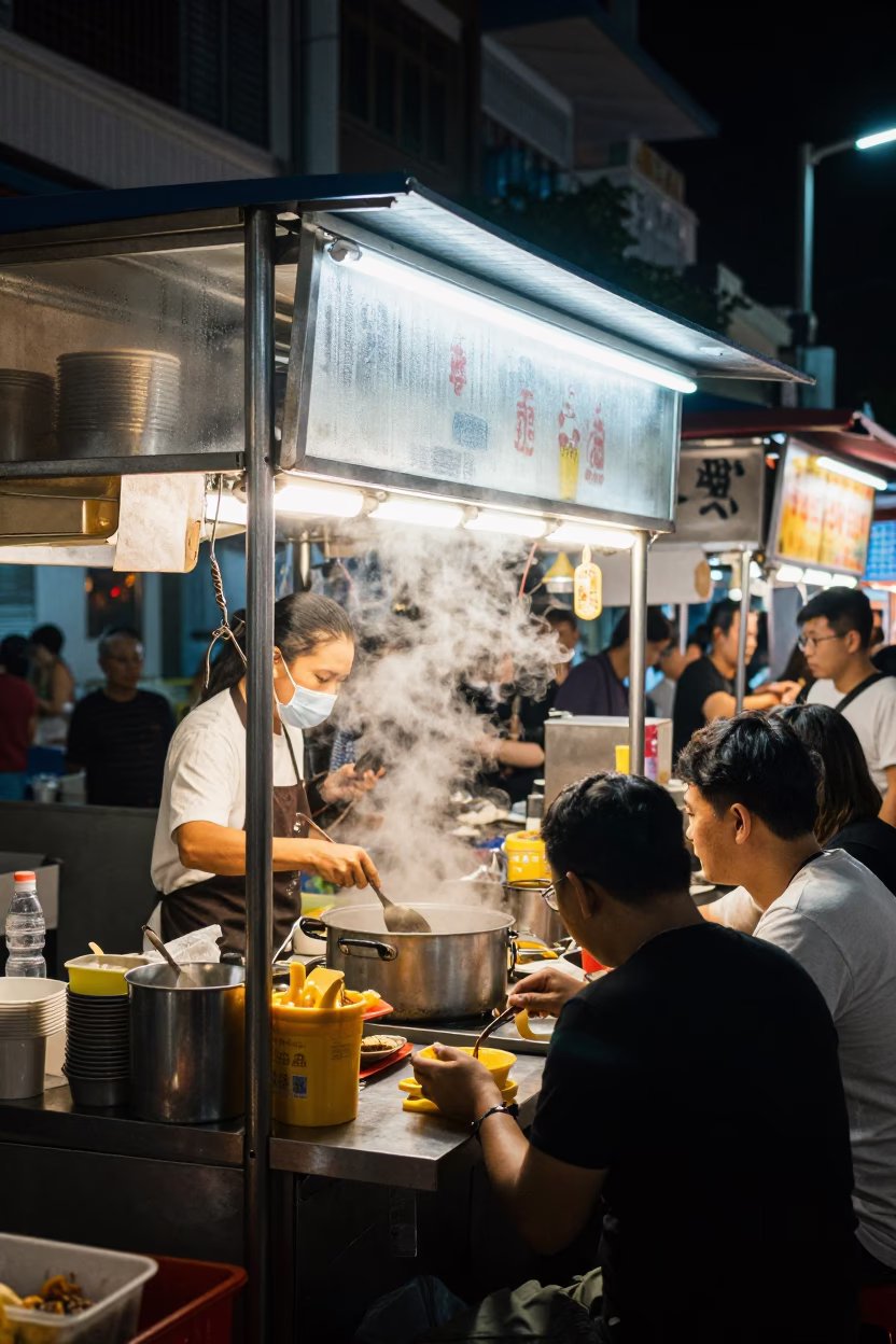 Night Market Stall in Singapore with Condensation on Glass and Ceramic Mugs in in Singapore, Singapore