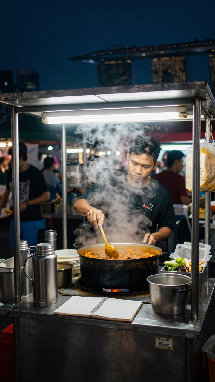 Night Market Stall in Singapore with Thermos and Notebook Under Deep Sky in in Singapore, Singapore