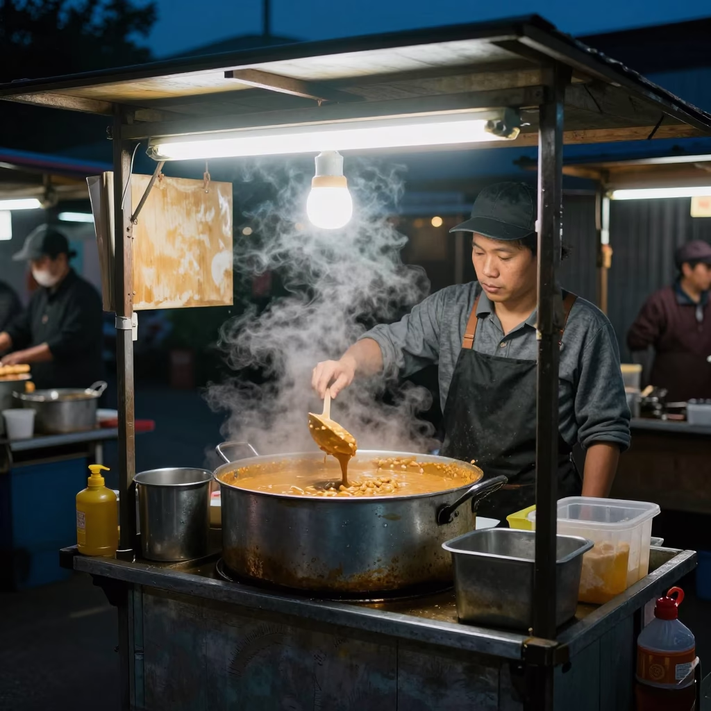 Night Market Stall in Tainan Taiwan Late Evening Street Food Scene in in Tainan, Taiwan