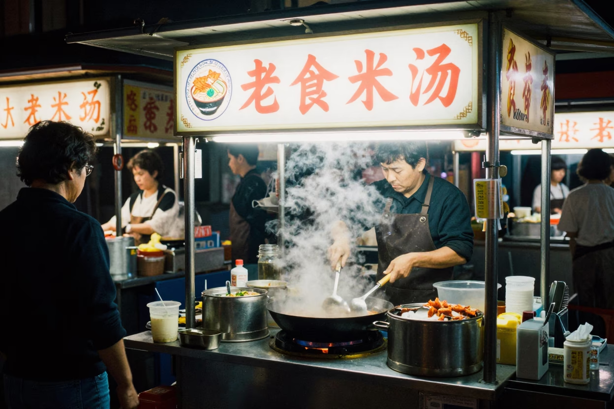 Night Market Stall in Tainan Taiwan Serving Spicy Goat Soup Under Neon Lights in in Tainan, Taiwan