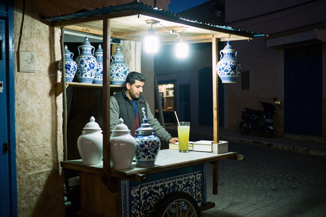 Night Market Stall in Tunis Medina with Blue Porcelain Jar and Sugarcane Juice in in Tunis, Tunisia