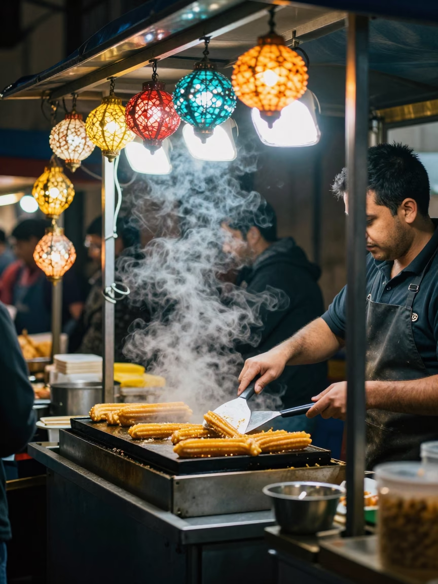 Night Market Stall in Valencia Spain with Spatula and Diwali Lamps in in Valencia, Spain