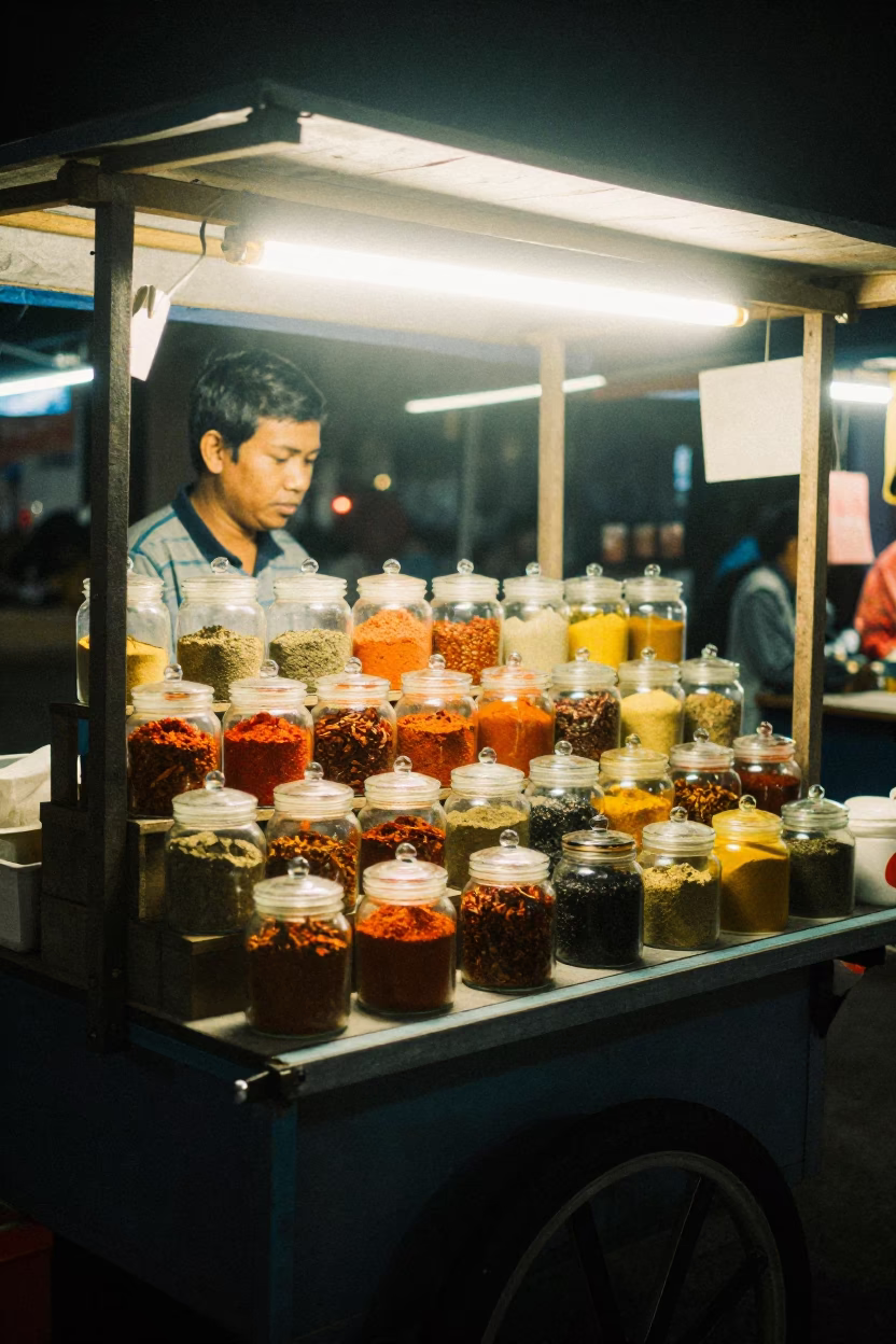 Night Market Stall in Yogyakarta Indonesia with Spice Jars and Tea Strainer in in Yogyakarta, Indonesia