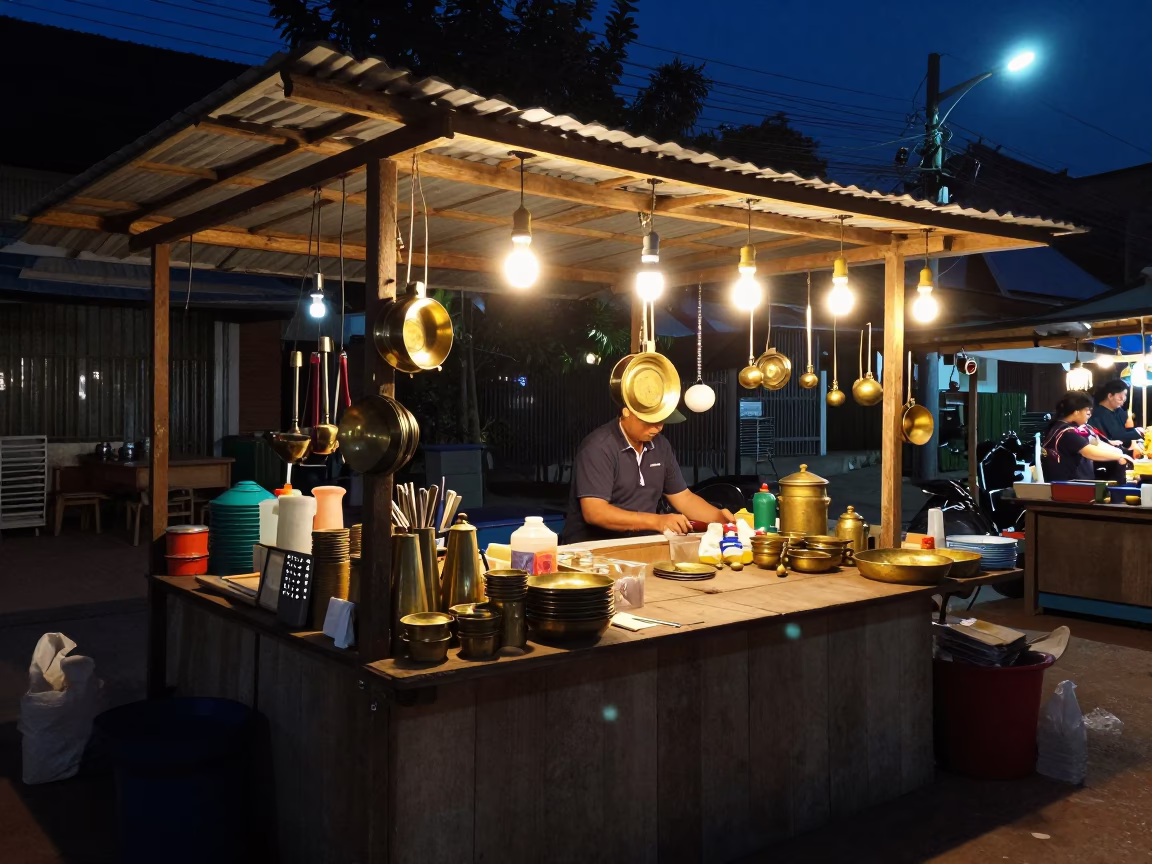 Night Market Stall Interior with Brassware and Tools in Luang Prabang in in Luang Prabang, Laos