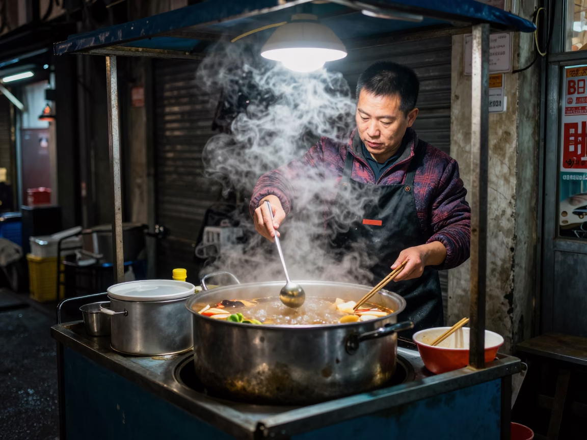 Night Market Stall Vendor Preparing Steaming Hotpot in Shanghai China in in Shanghai, China