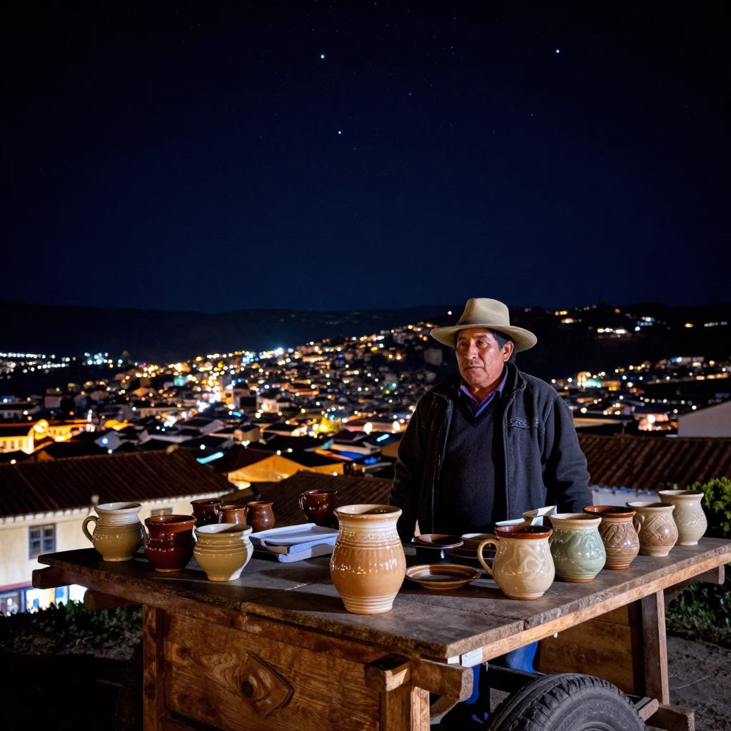 Night Market Stall with Ceramic Cup in Cusco Peru Under Starry Sky in in Cusco, Peru