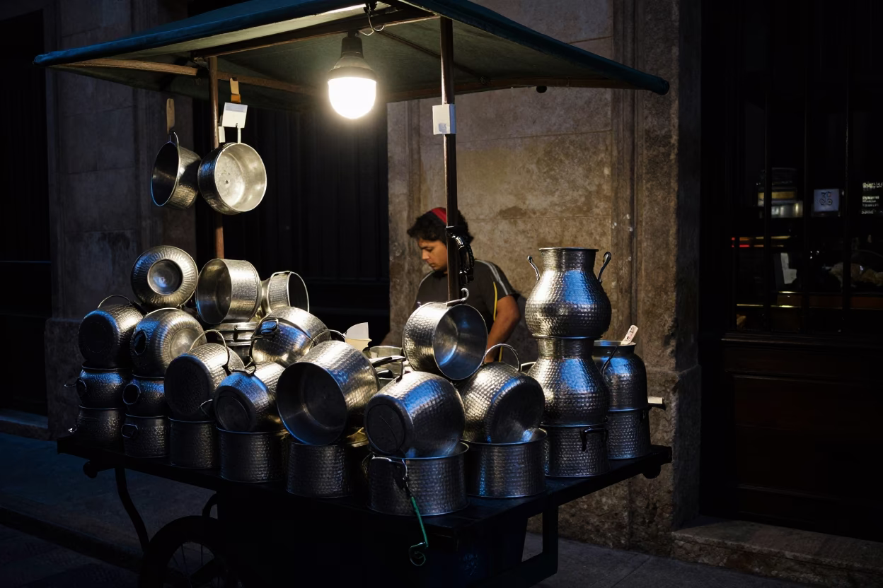 Night market stall with hammered metal pots and damp leaves in in Valencia, Spain