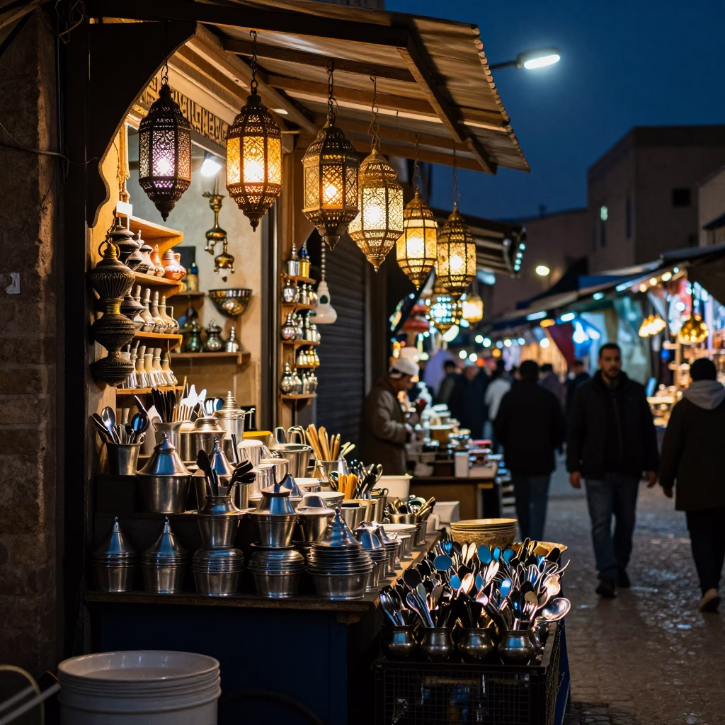 Night Market Stall with Lantern and Utensil Crocks in Fez Medina in in Fez, Morocco
