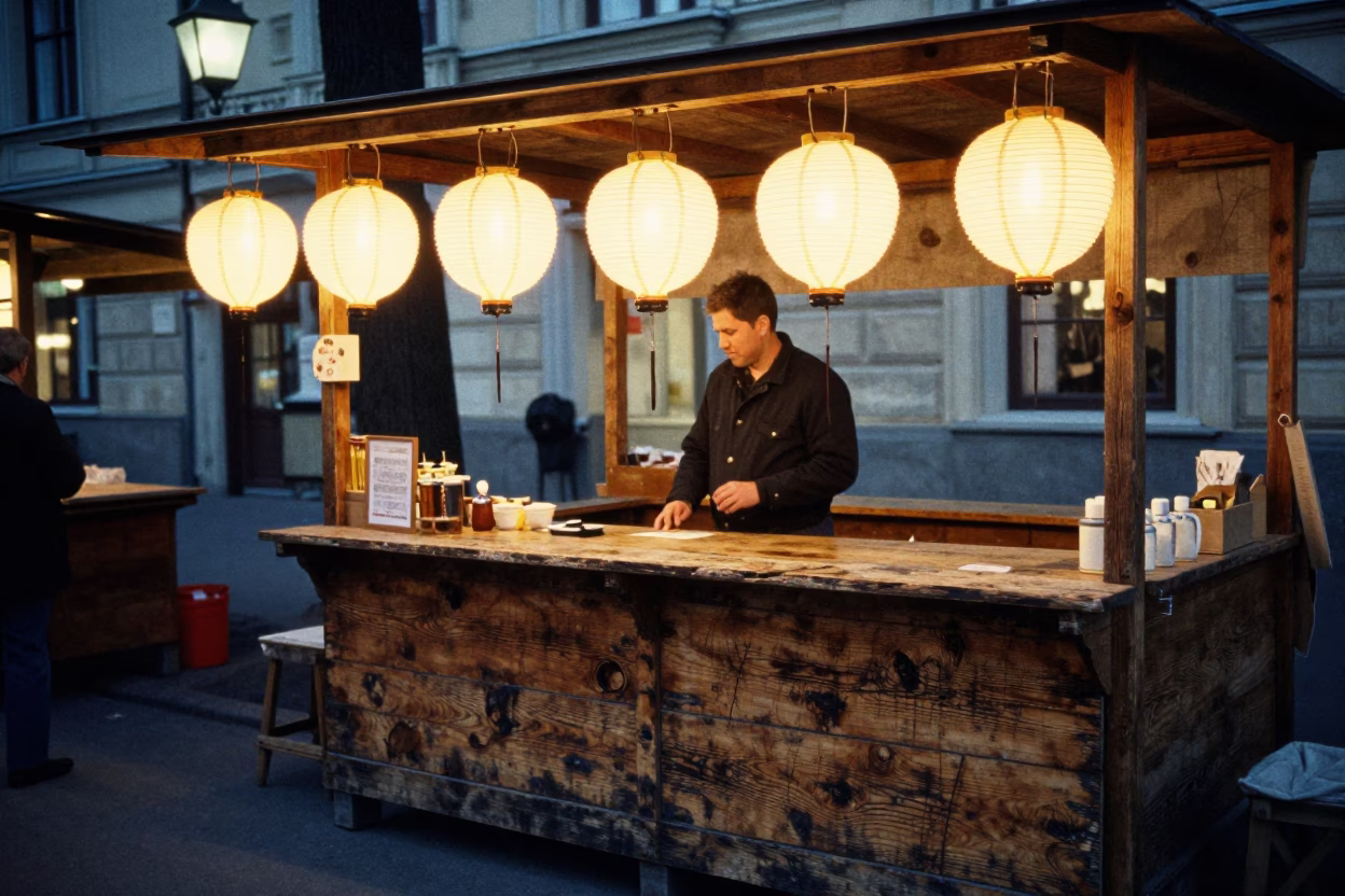 Night market stall with paper lanterns and wooden counters in Budapest in in Budapest, Hungary