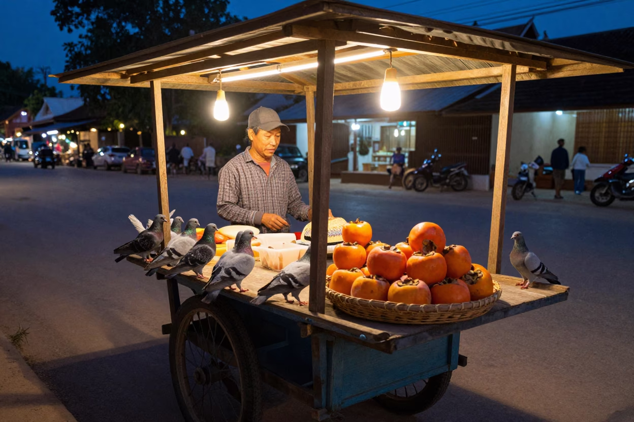 Night Market Stall with Pigeons and Persimmons in Luang Prabang in in Luang Prabang, Laos