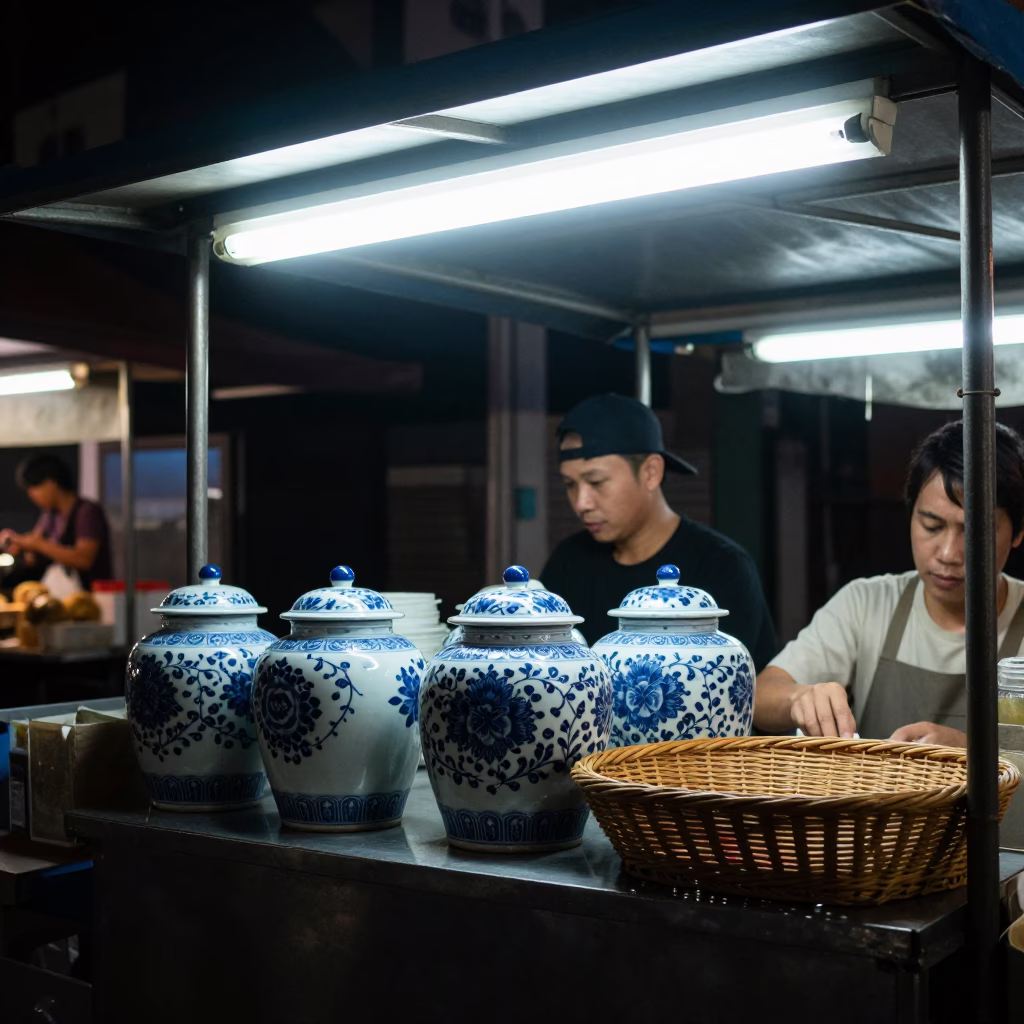 Night Market Stall with Porcelain Jars and Wicker Basket in Singapore in in Singapore, Singapore