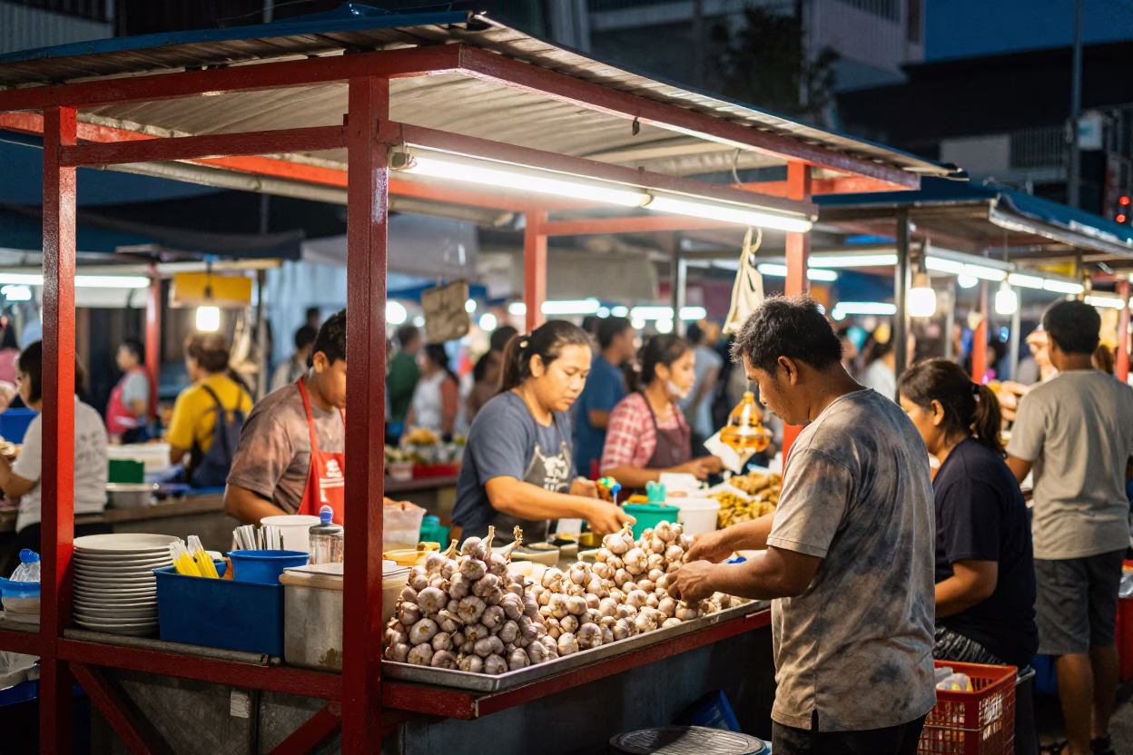 Night market stall with red lacquered wood and garlic bulbs in Bangkok in in Bangkok, Thailand