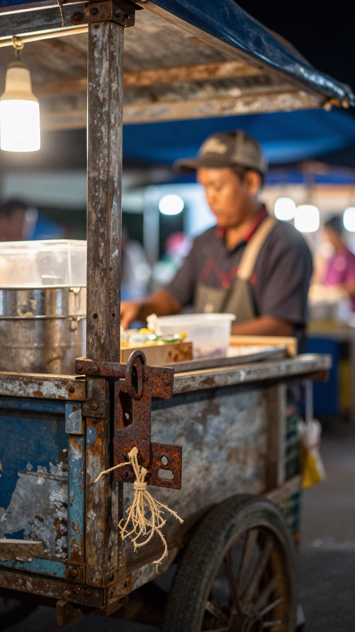 Night Market Stall with Rusty Latch and Twine Spool in Phuket Thailand in in Phuket, Thailand