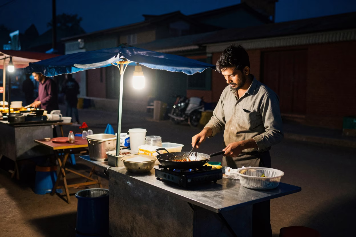Night Market Stall with Skillet and Folding Tables in Kathmandu Nepal in in Kathmandu, Nepal