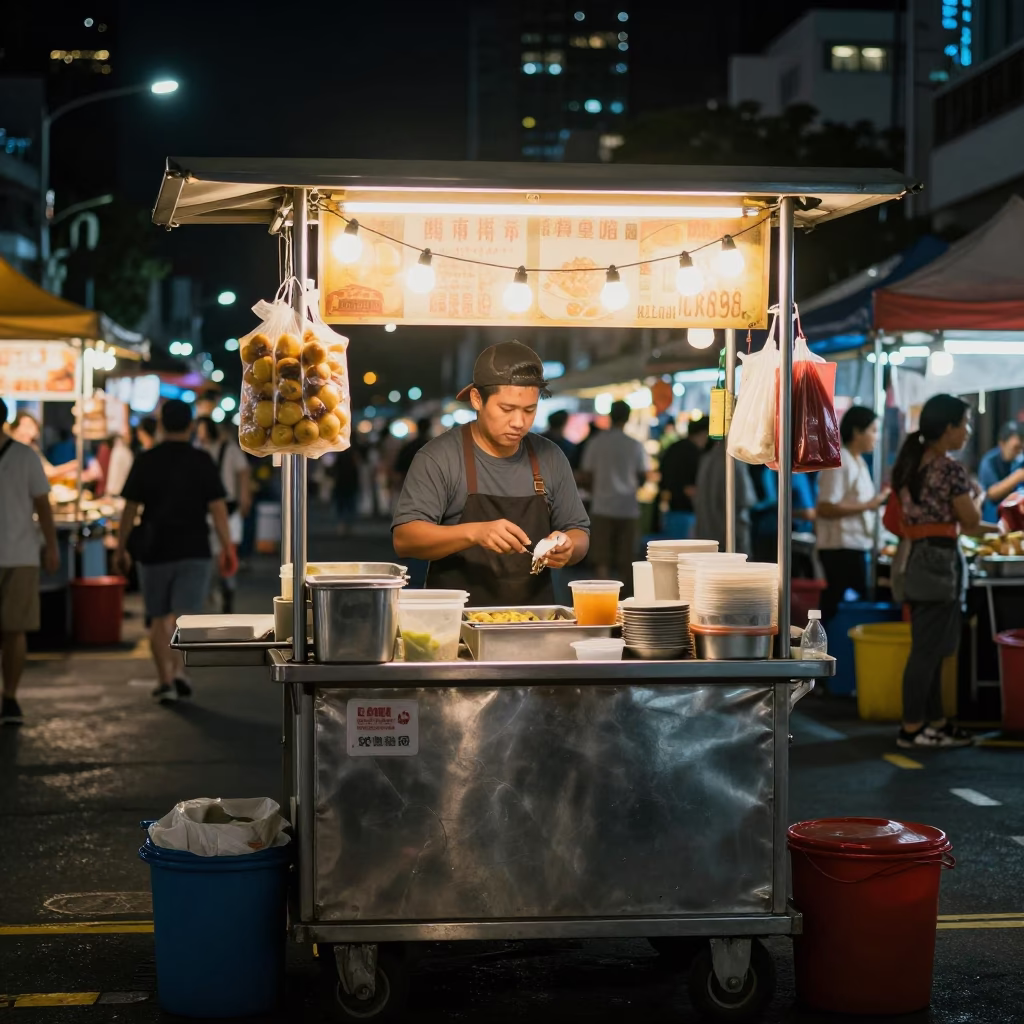 Night Market Stall with String Lights and Hand Towels in Singapore in in Singapore, Singapore