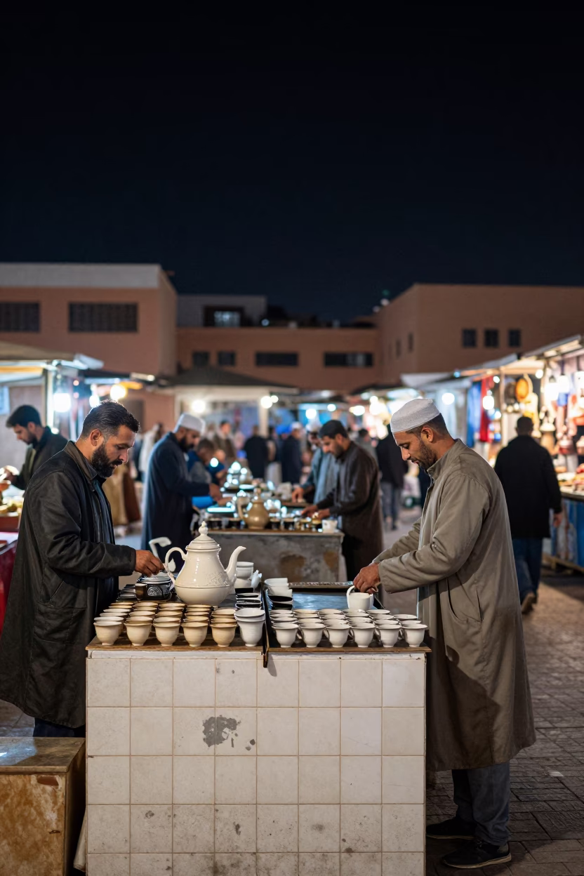 Night Market Stalls in Marrakech Medina with Smudged Tiles and Tea Bush Shoots in in Marrakech, Morocco