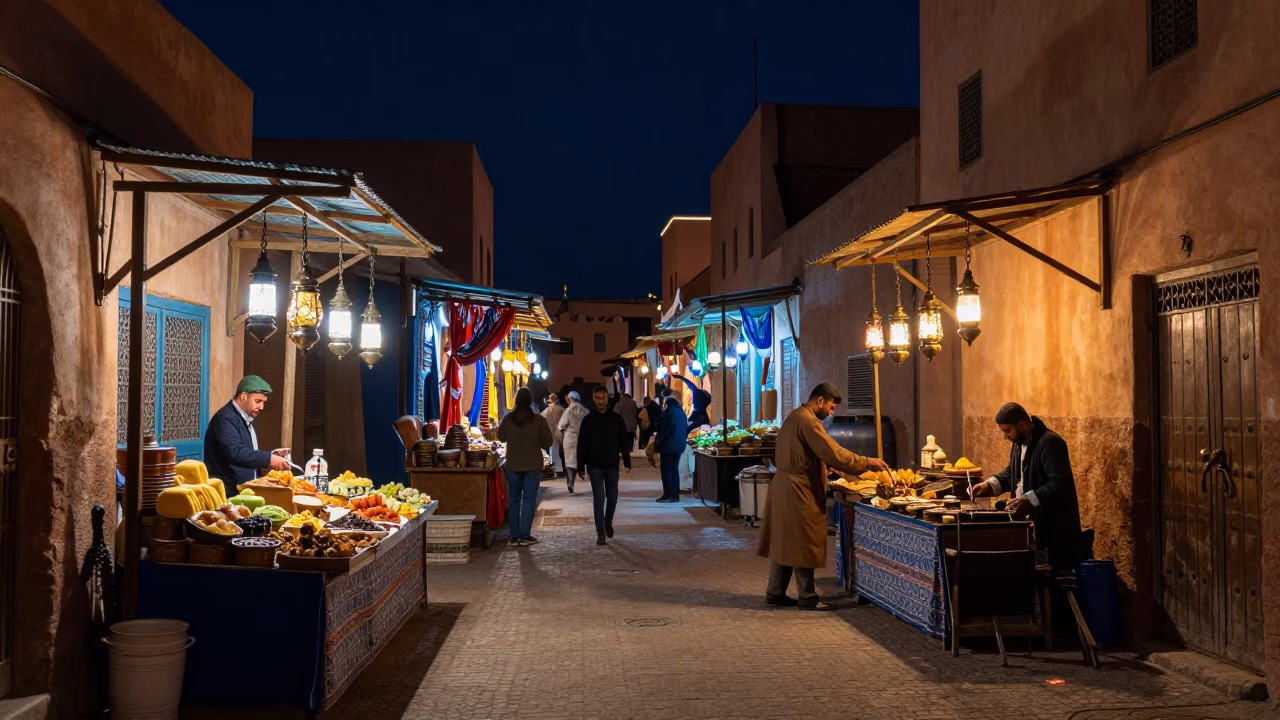Night Market Stalls in Marrakech Medina with Traditional Moroccan Food and Street Life in in Marrakech, Morocco