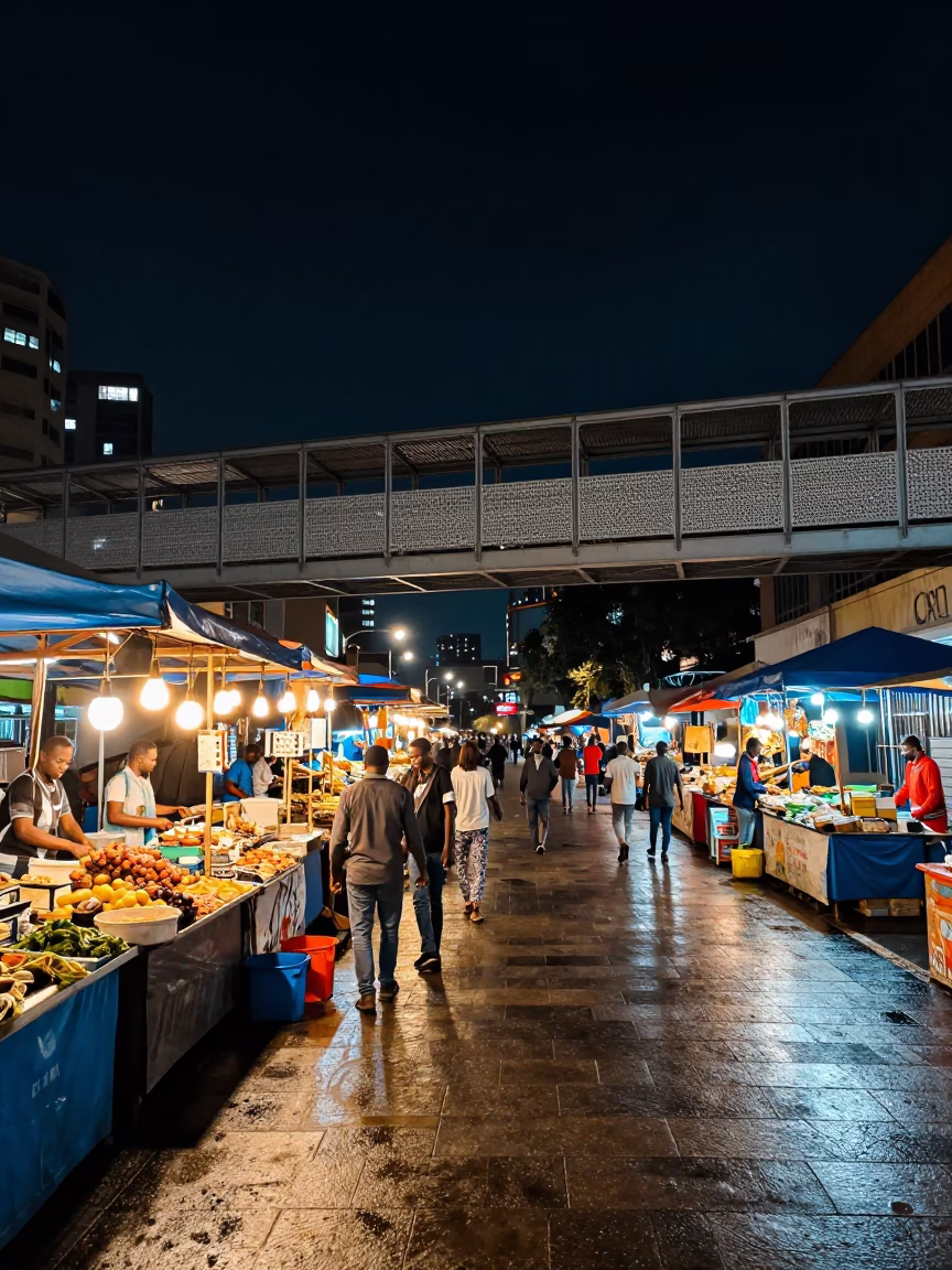Night Market Stalls in Nairobi Kenya With Wet Footsteps And Overpass Under Deep Sky in in Nairobi, Kenya