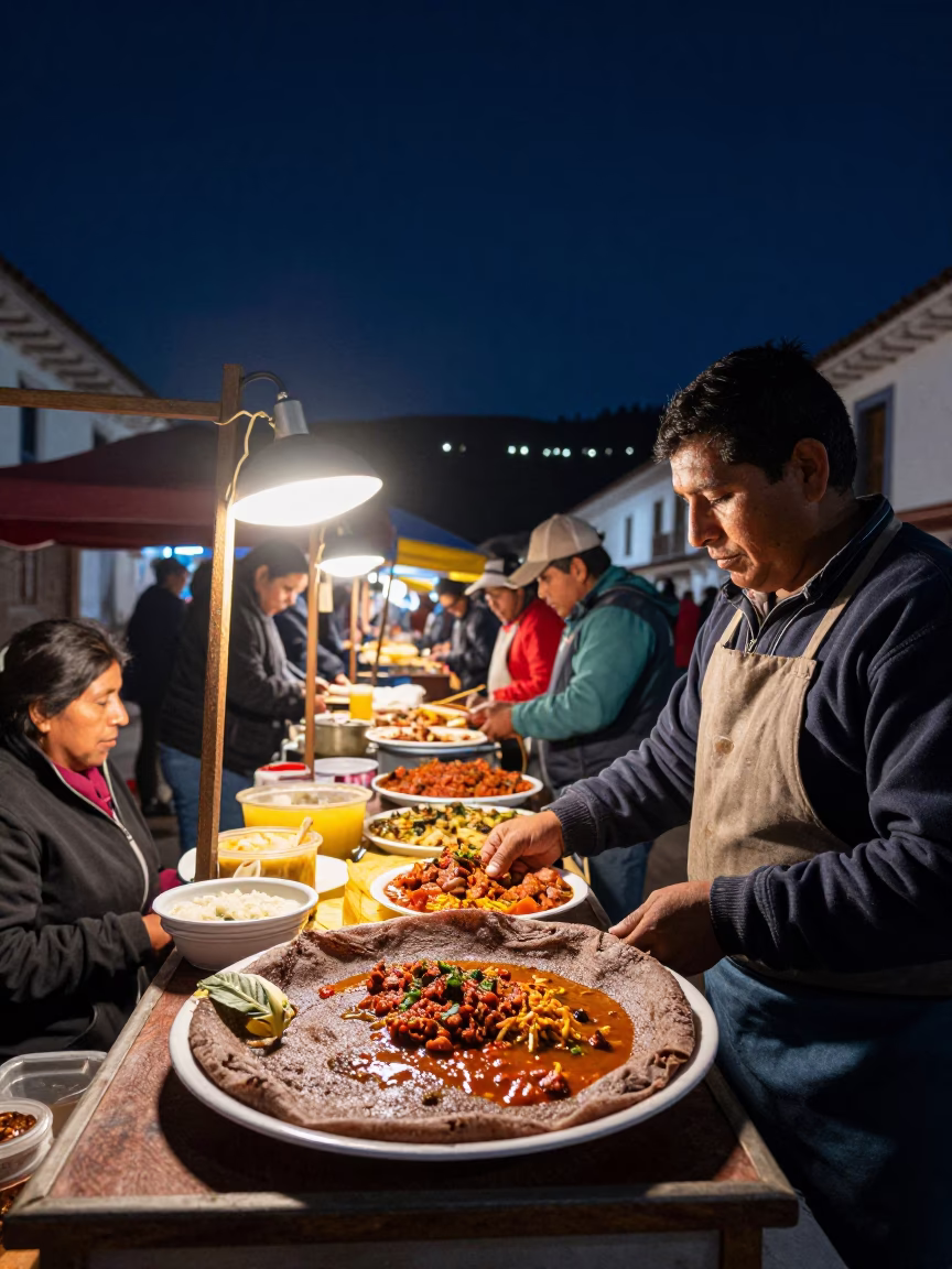 Night Market Street Food in Cusco Peru with Injera and Local Dining in in Cusco, Peru