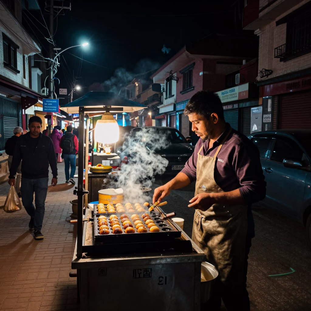 Night Market Street Food in Kathmandu Nepal Takoyaki and Urban Life in in Kathmandu, Nepal