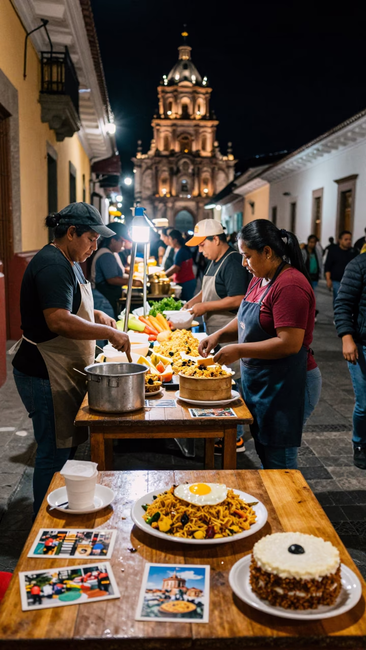 Night Market Street Food in Quito Ecuador with Postcards and Cake Knife in in Quito, Ecuador