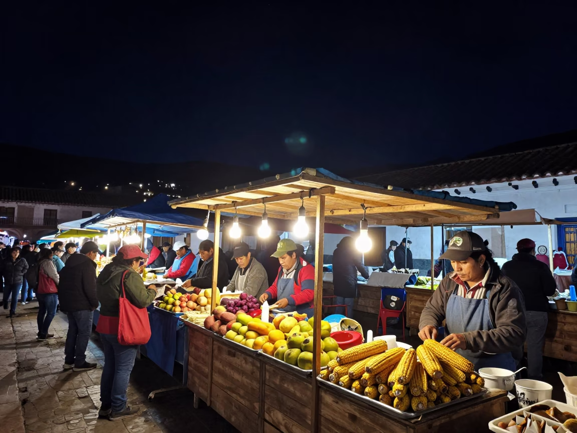 Night Market Street Food Scene in Cusco Peru Under Starry Sky in in Cusco, Peru