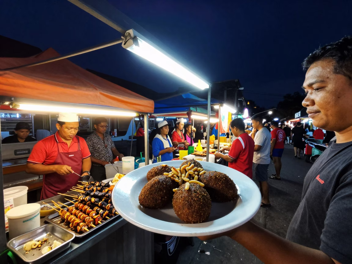 Night Market Street Food Scene in Denpasar Bali with Grilled Kibbeh and Fresh Basil in in Denpasar, Indonesia