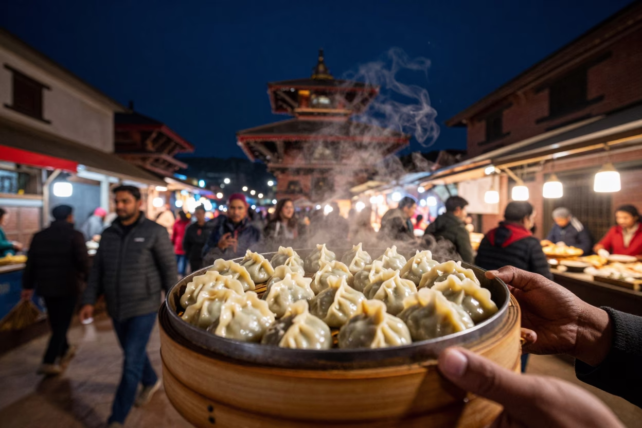 Night Market Street Food Scene in Kathmandu Nepal with Steaming Momos and Spicy Chutney in in Kathmandu, Nepal