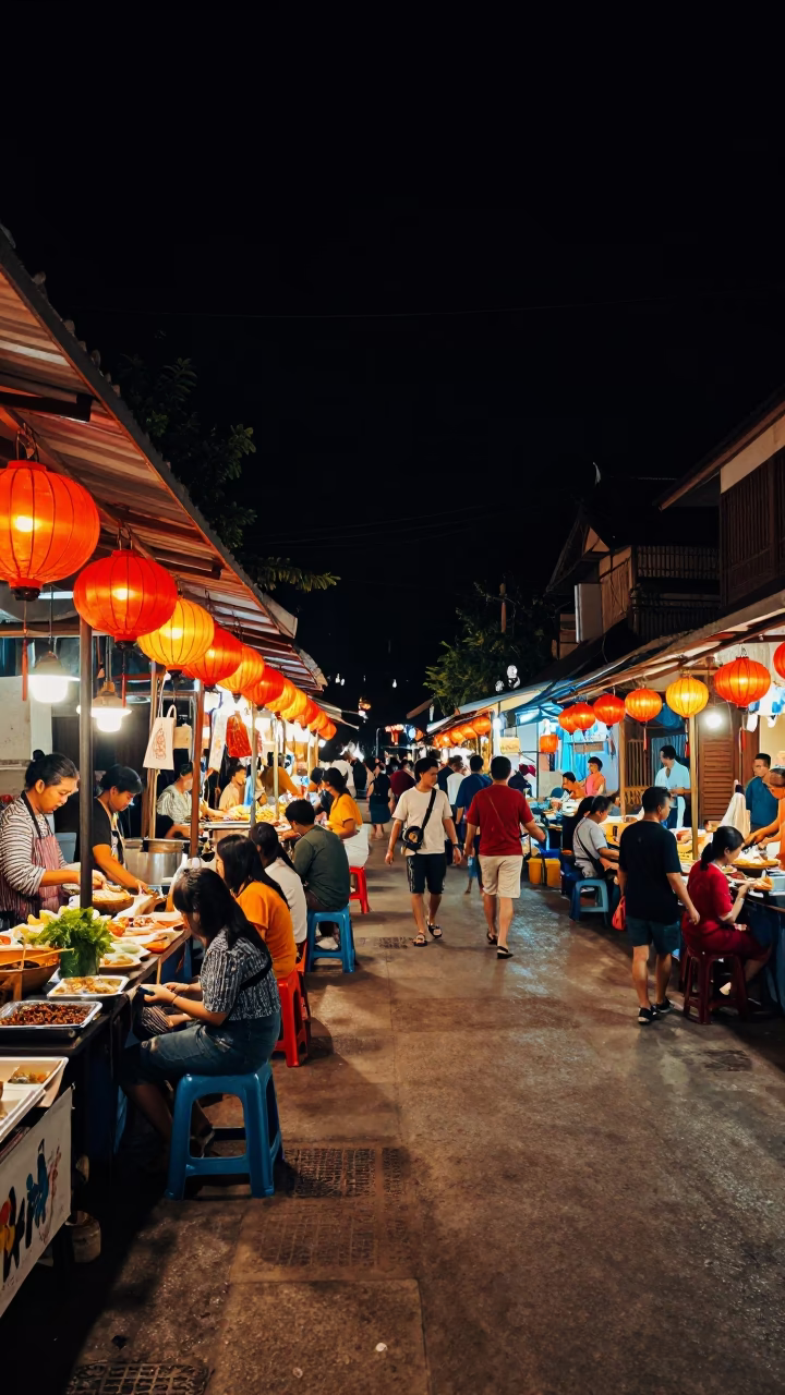 Night Market Street Food Scene in Luang Prabang Laos with Lanterns and Local Dining in in Luang Prabang, Laos