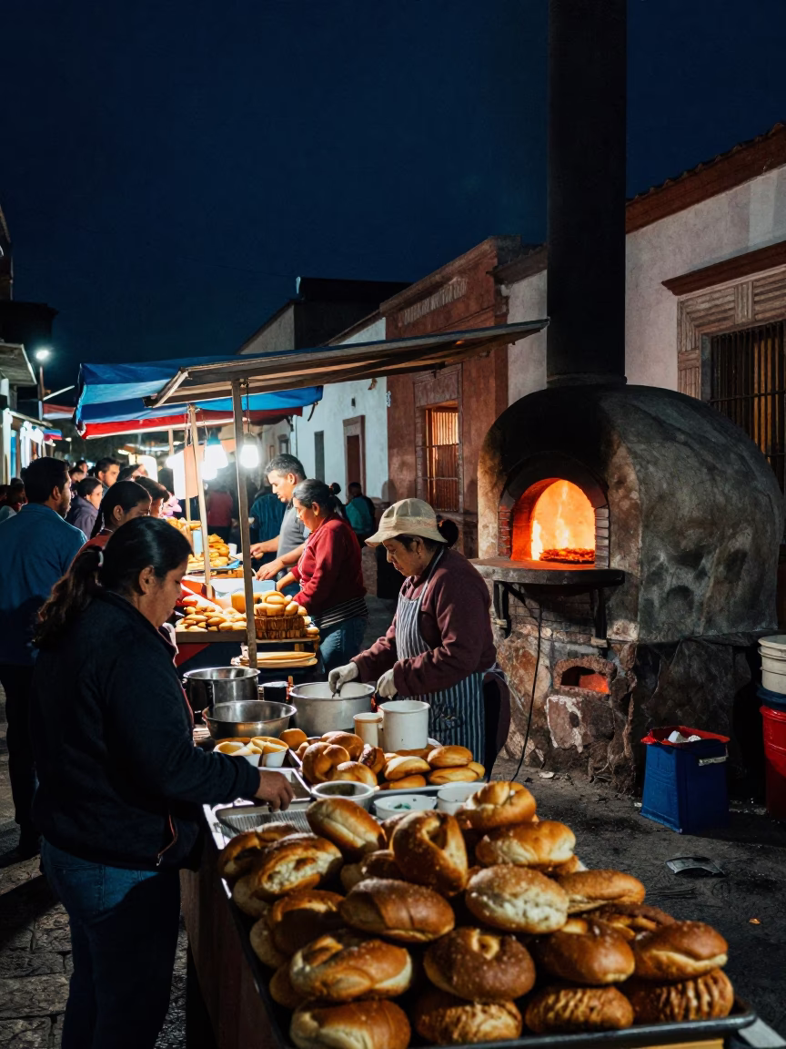 Night Market Street Food Scene in Oaxaca Mexico with Traditional Bread Oven in in Oaxaca, Mexico