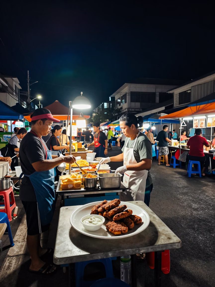 Night Market Street Food Scene in Phuket Thailand Under Deep Night Sky in in Phuket, Thailand
