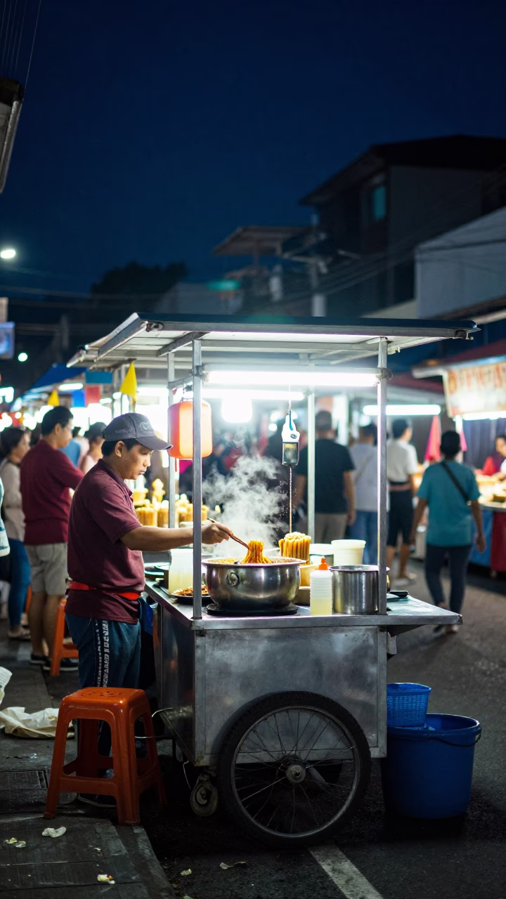 Night Market Street Food Scene in Surabaya Indonesia with Bibim Guksu and Rain in in Surabaya, Indonesia