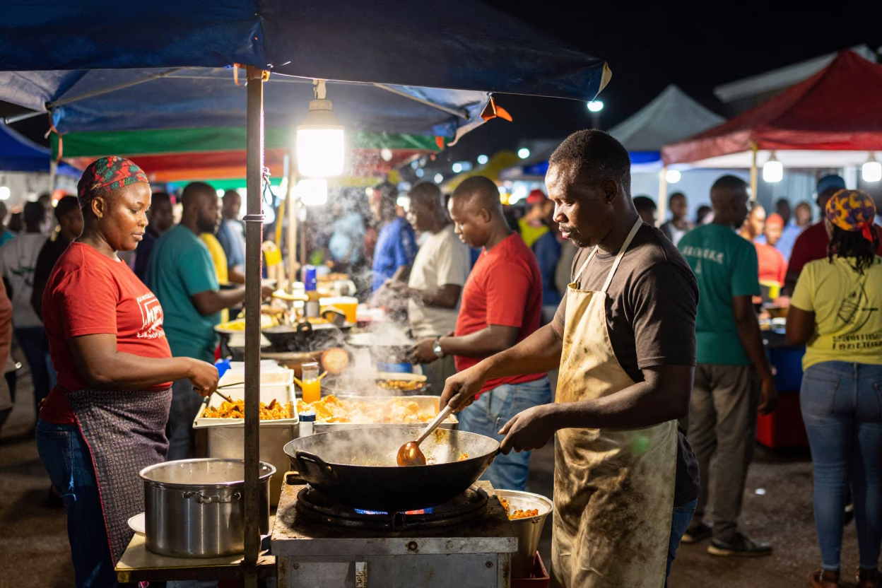 Night Market Street Food Stall Durban South Africa Busy Crowd Atmosphere in in Durban, South Africa