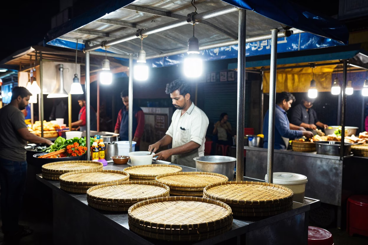 Night Market Street Food Stall in Hyderabad India with Bamboo Tray and Ceramic Cup in in Hyderabad, India
