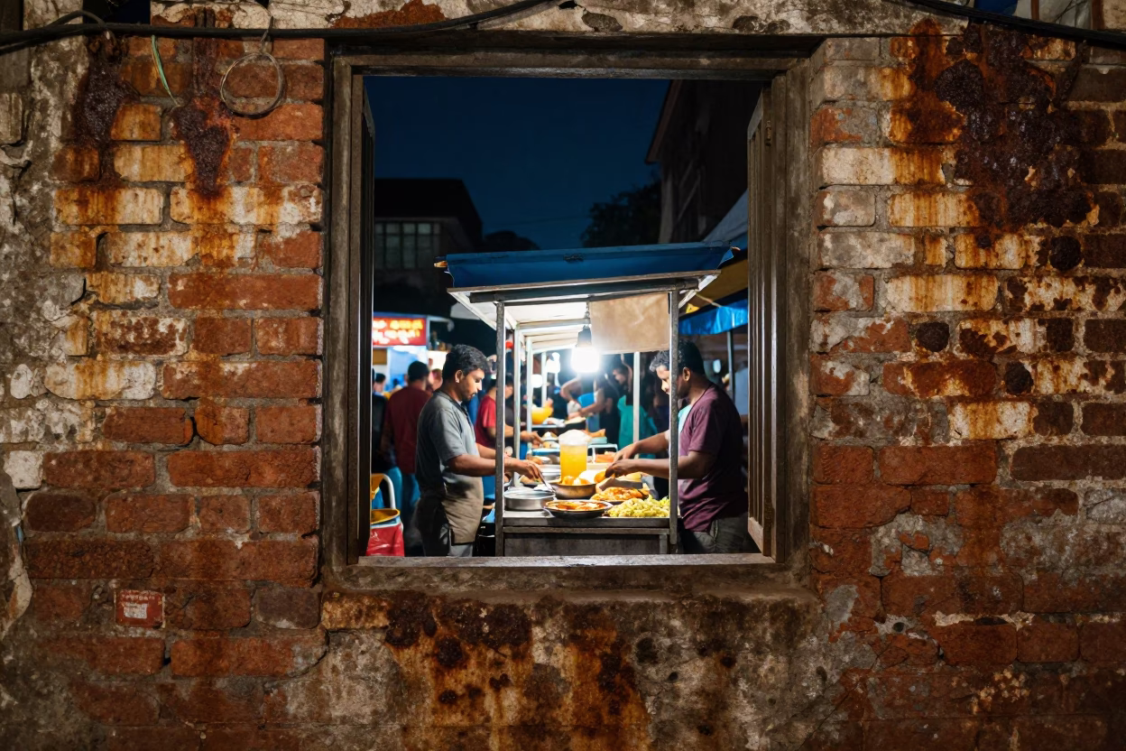 Night market street food stall in Hyderabad India with rusted wall and candle holder in in Hyderabad, India