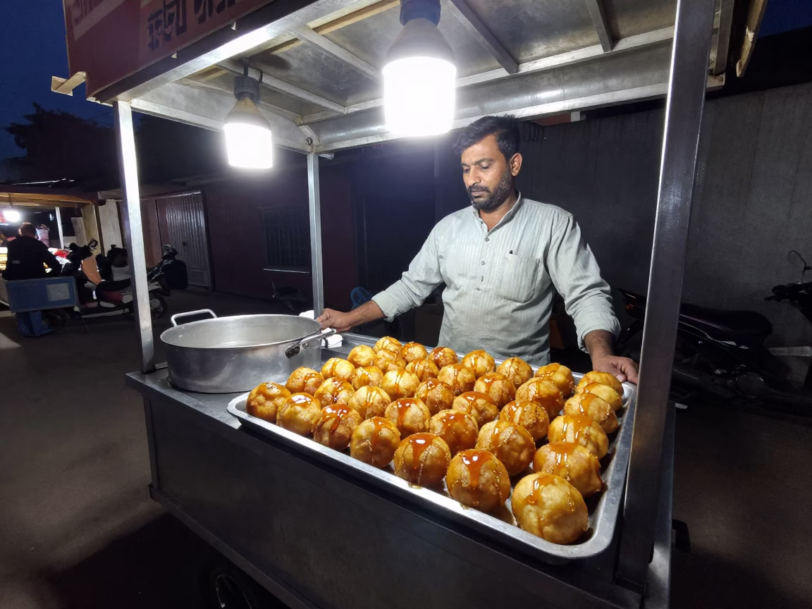 Night Market Street Food Stall in Jaipur India with Honey Drizzled Loukoumades in in Jaipur, India