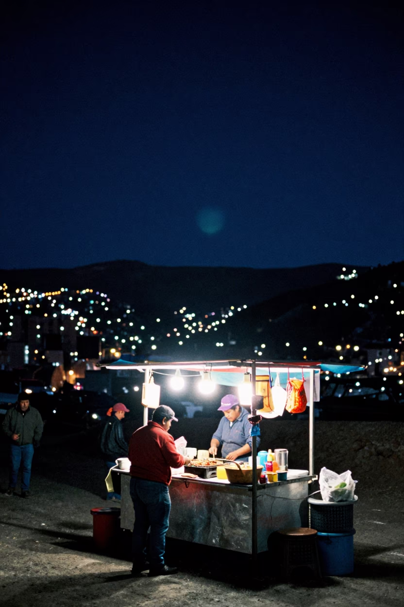 Night Market Street Food Stall in La Paz Bolivia Under Deep Sky in in La Paz, Bolivia