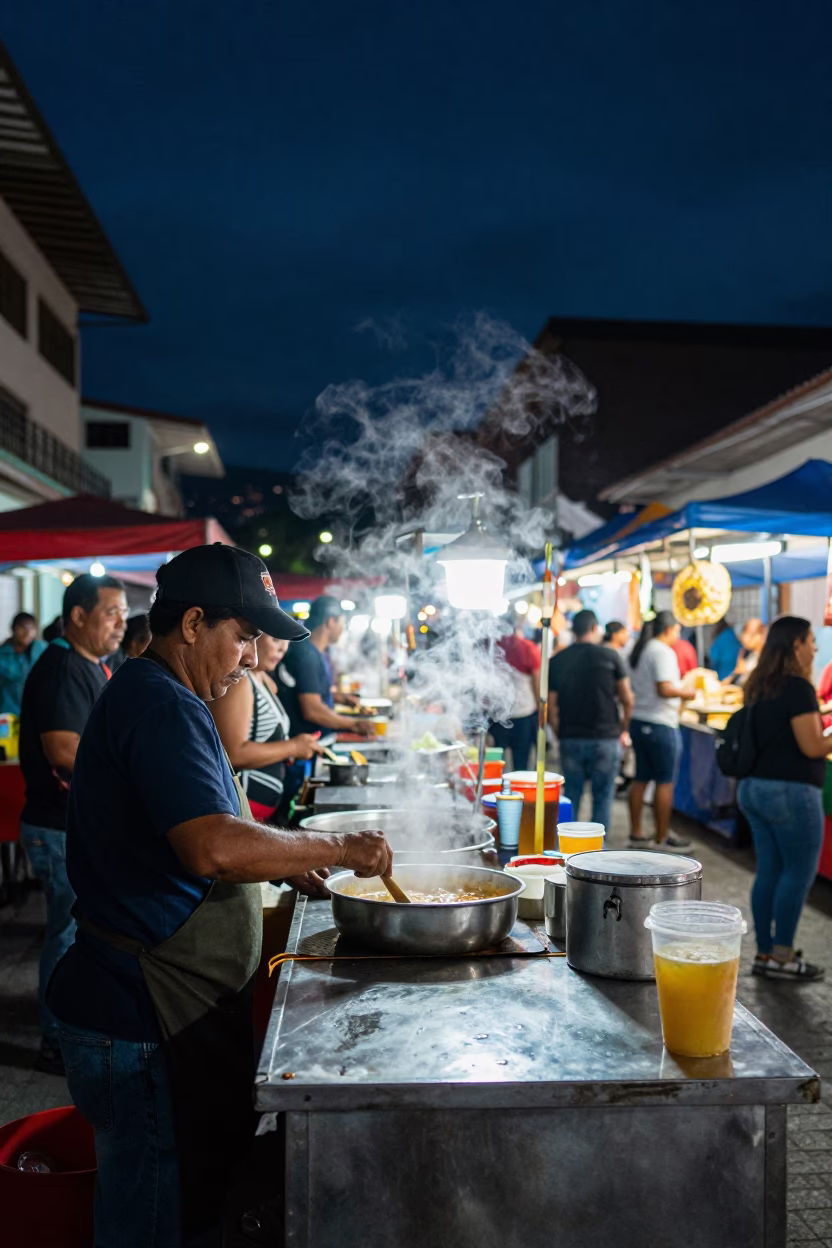 Night Market Street Food Stall in Medellin Colombia with Steam and Plastic Cups in in Medellin, Colombia