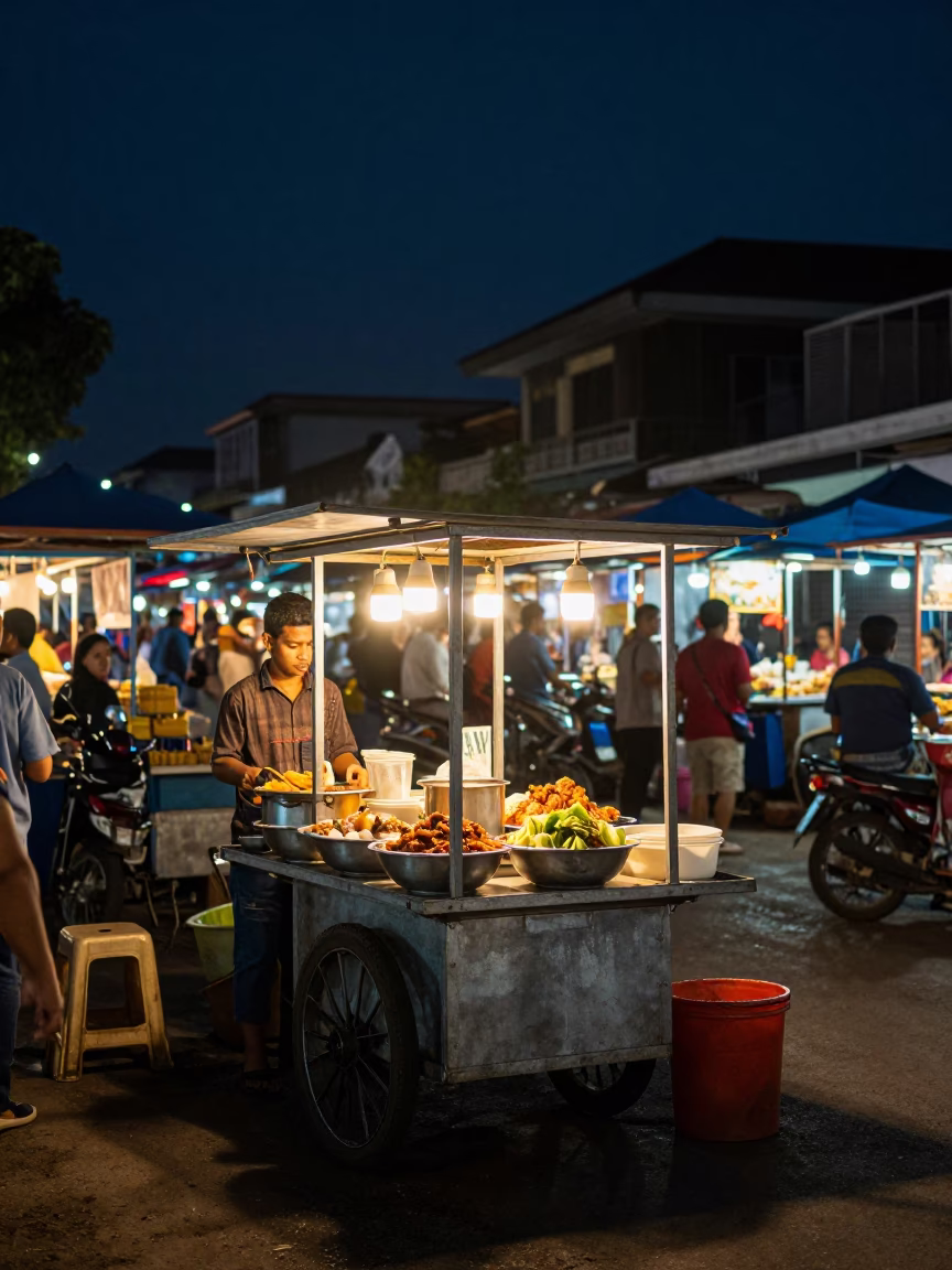 Night Market Street Food Stall in Phnom Penh Cambodia with Bowl of Pho in in Phnom Penh, Cambodia
