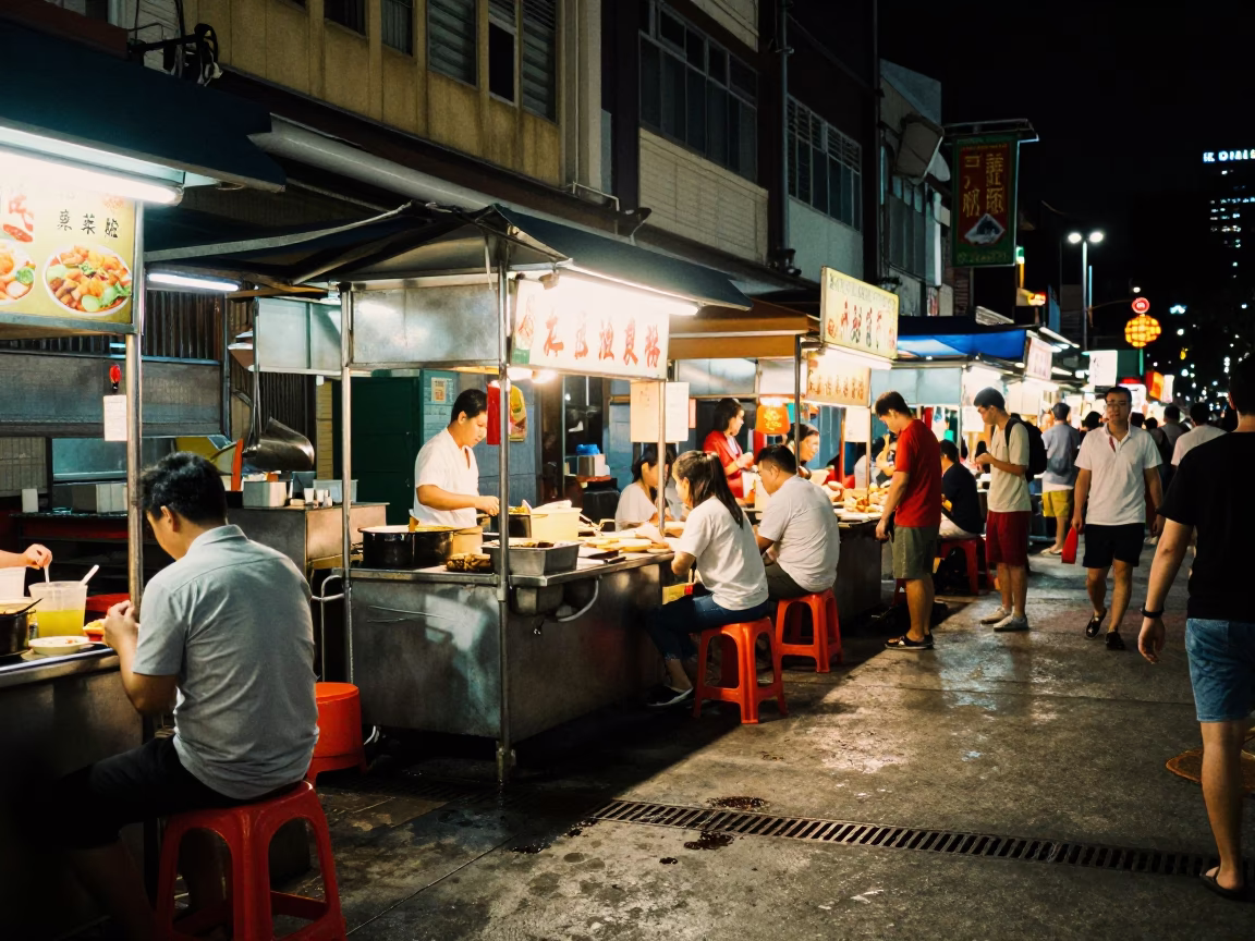 Night Market Street Food Stall in Singapore with Grease Sheen on Drain at Midnight in in Singapore, Singapore