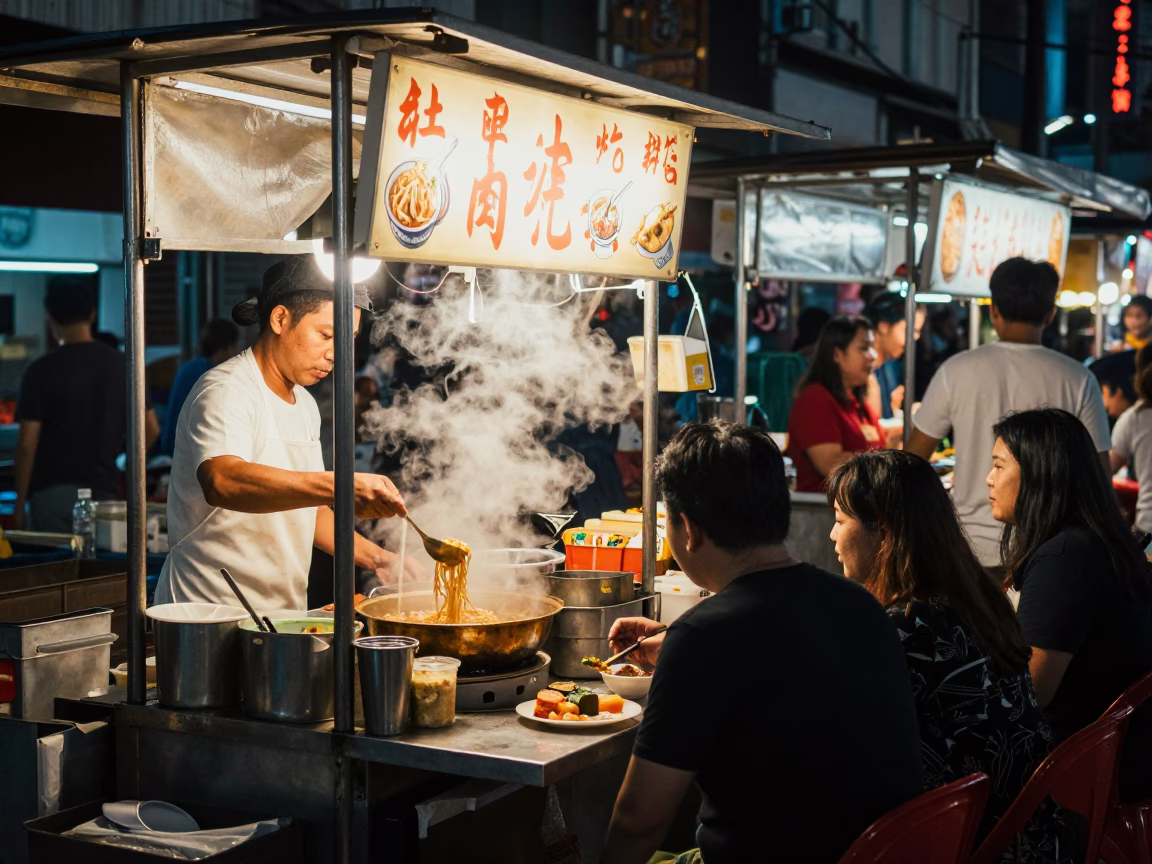 Night Market Street Food Stall in Singapore With Steam And Local Diners in in Singapore, Singapore